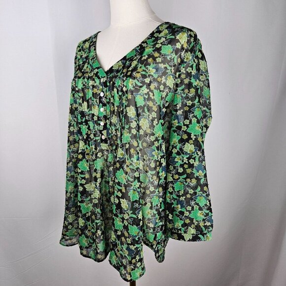 Rose + Olive Blouse XL Black Green Metallic Floral Sheer Pleated Boho - Picture 3 of 12